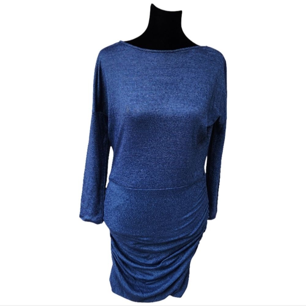 Michael Stars Metallic Blue Ruched Bodycon Dress S | Long Sleeve Sparkle Mini